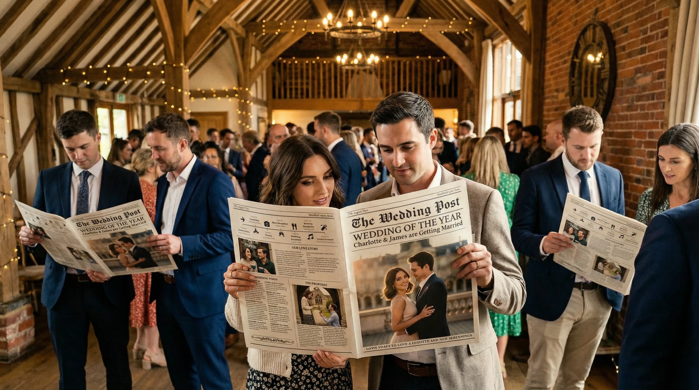 wedding guests in a barn reading a wedding newspaper